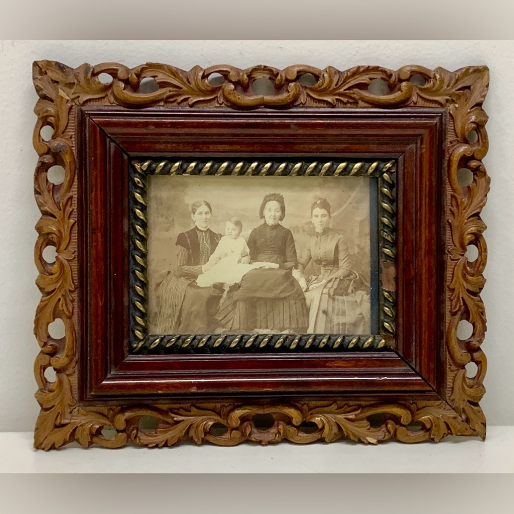 19th Century Antique Ornate Hand Carved Wooden Framed Female Family Portrait